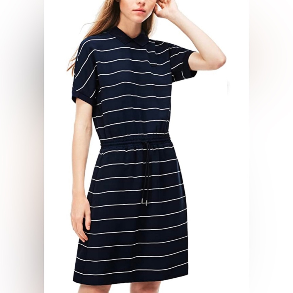 Lacoste  Women’s Dress Navy White Striped Size 34 Knee Length Backless Very New